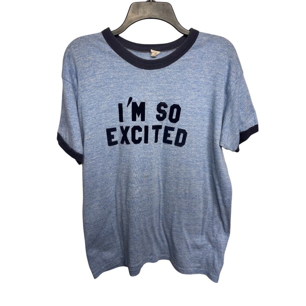 Vintage 70s/80s Russell Athletic Ringer Tee - I'M SO EXCITED - Blue XL/Med